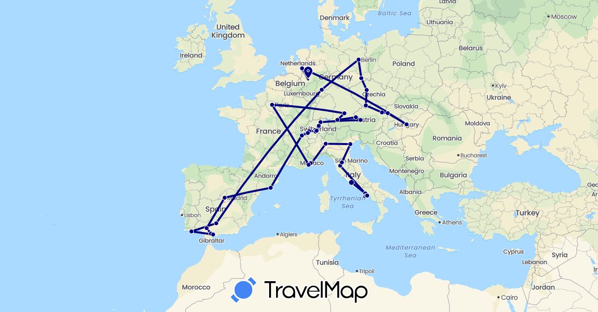 TravelMap itinerary: driving in Austria, Switzerland, Czech Republic, Germany, Spain, France, Hungary, Italy, Monaco, Portugal, Slovakia (Europe)